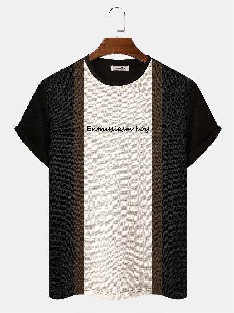 Mænds Årer Stripe Patchwork Brevbroderi Preppy T-shirts