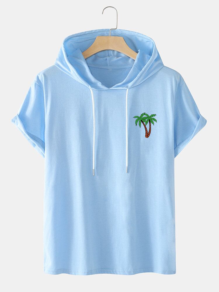 Mænds Coconut Tree Hooded Chest Print Casual T-shirts