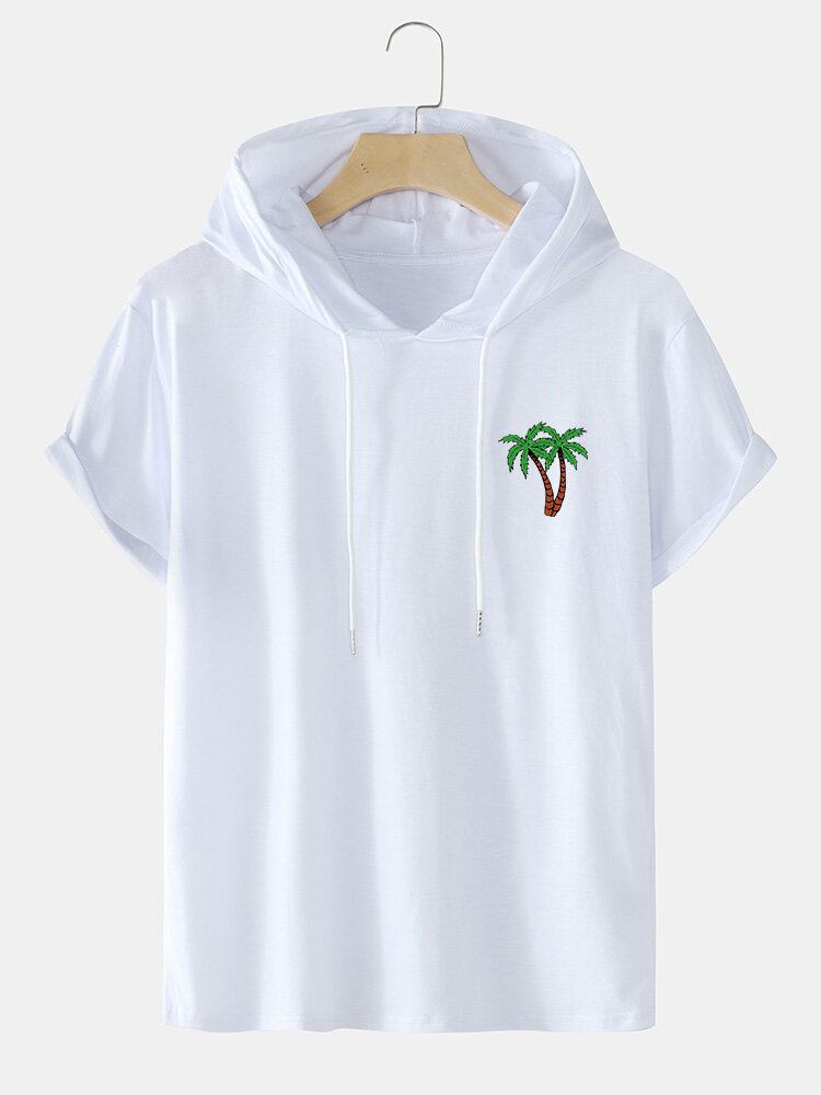 Mænds Coconut Tree Hooded Chest Print Casual T-shirts