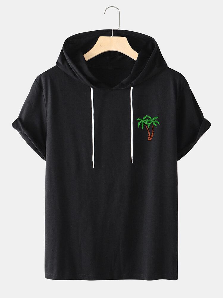 Mænds Coconut Tree Hooded Chest Print Casual T-shirts