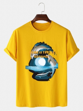Mænds Delfin Grafisk Print 100% Bomuld O-hals Kortærmet T-shirt