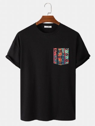 Mænds Farverige Geo Print Patched Pocket Løs T-shirts