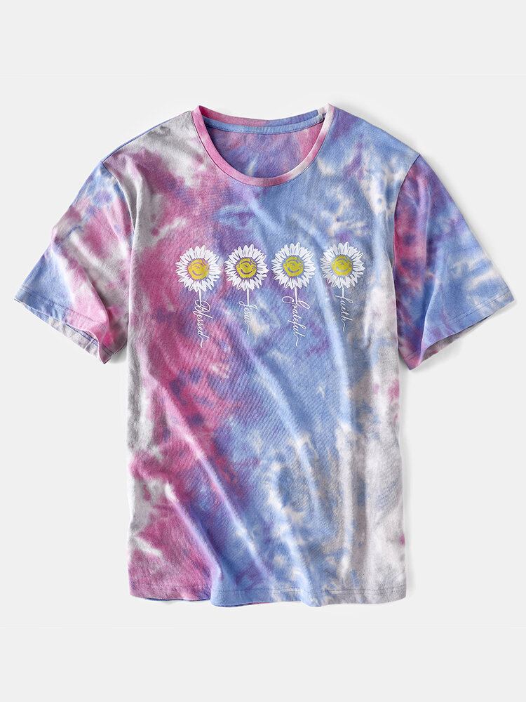 Mænds Lille Blomsterprint Tie Dye Rundhalset Kortærmet T-shirt