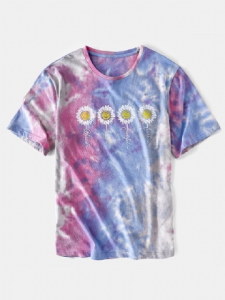 Mænds Lille Blomsterprint Tie Dye Rundhalset Kortærmet T-shirt