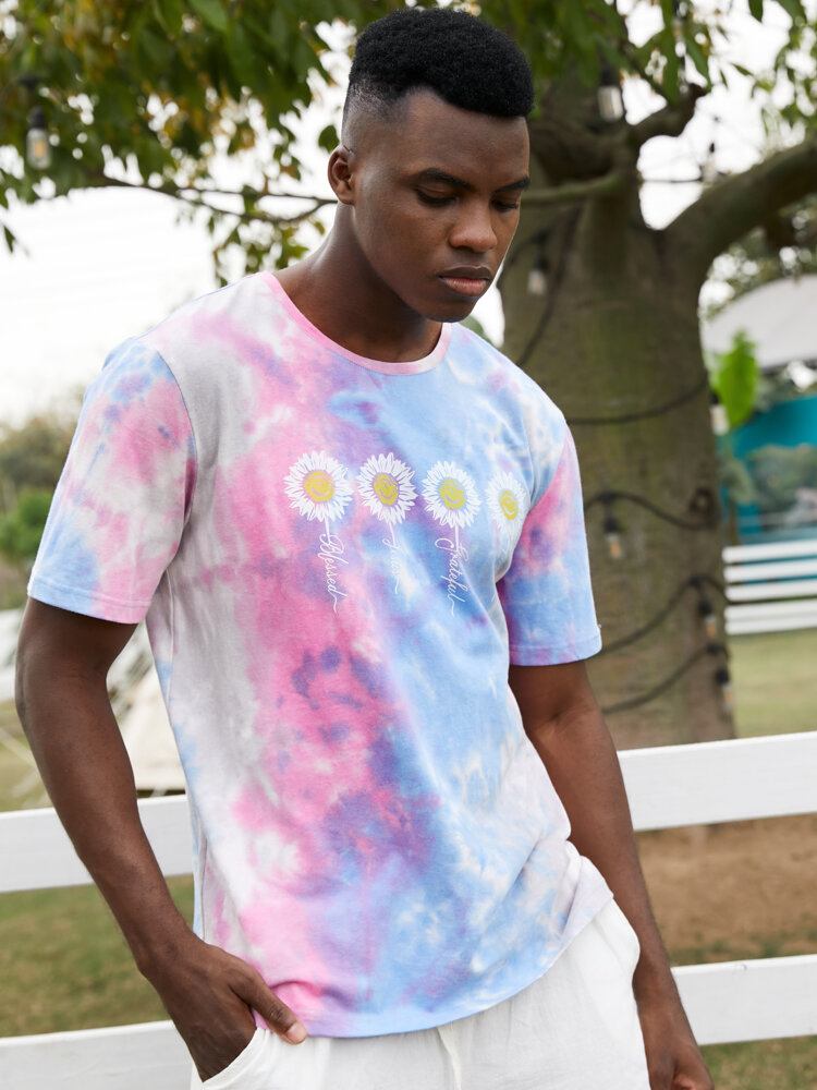 Mænds Lille Blomsterprint Tie Dye Rundhalset Kortærmet T-shirt