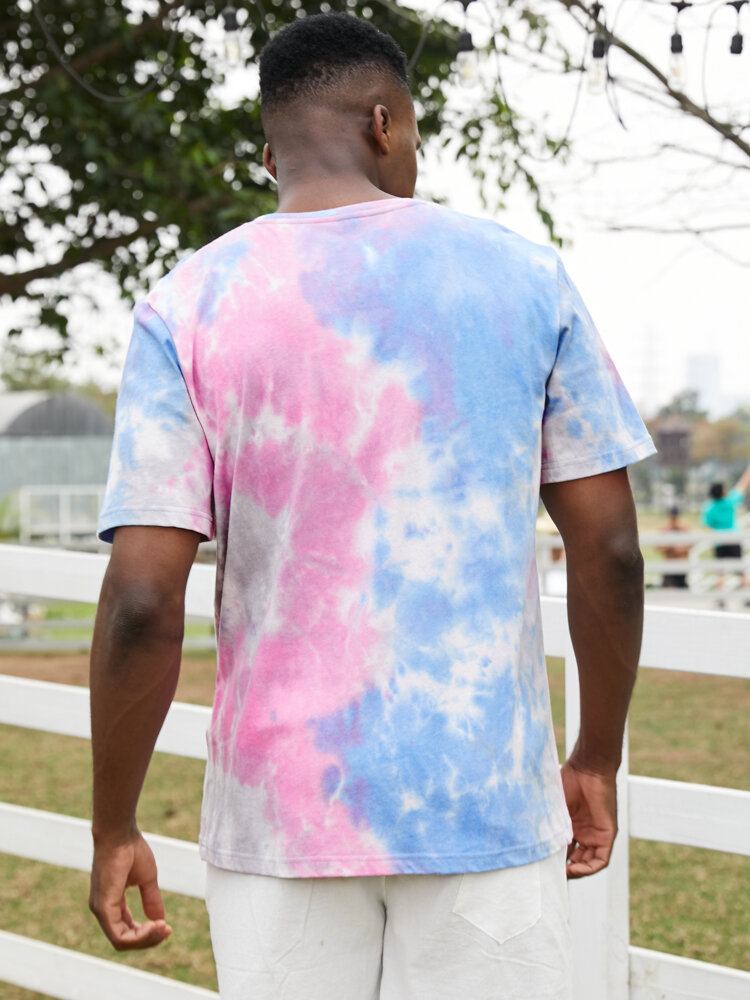 Mænds Lille Blomsterprint Tie Dye Rundhalset Kortærmet T-shirt