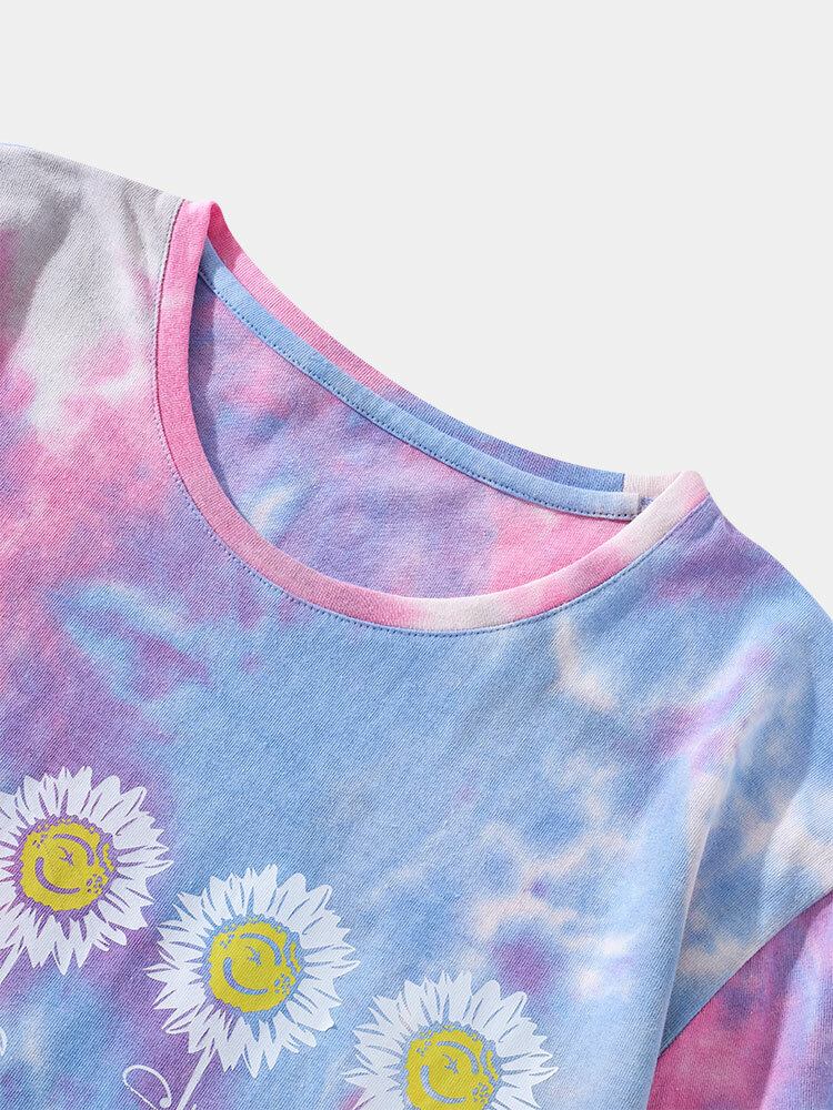 Mænds Lille Blomsterprint Tie Dye Rundhalset Kortærmet T-shirt