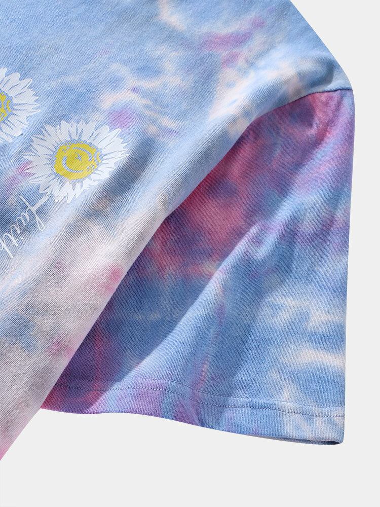 Mænds Lille Blomsterprint Tie Dye Rundhalset Kortærmet T-shirt