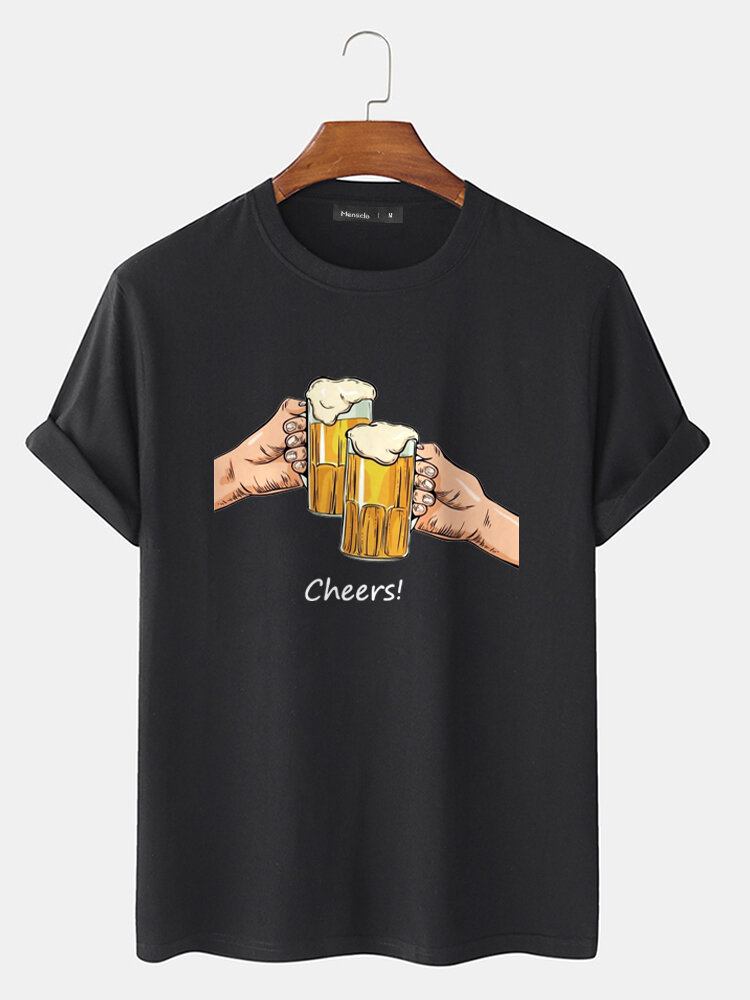 Mænds Øl Cheers Grafisk Rund Hals Bomuld Kortærmede T-shirts