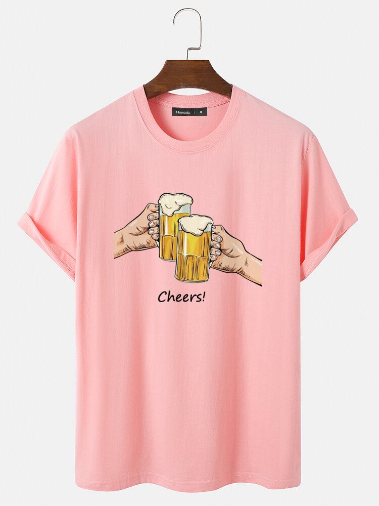 Mænds Øl Cheers Grafisk Rund Hals Bomuld Kortærmede T-shirts