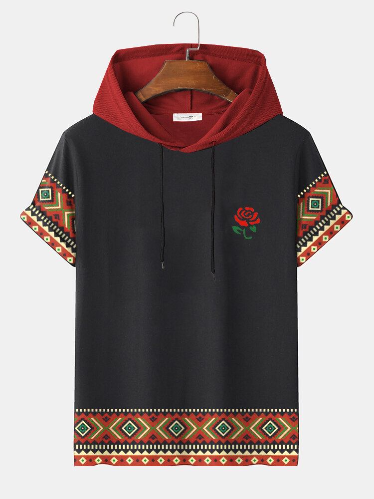 Mænds Rose Etnisk Geometrisk Print Kortærmede T-shirts Med Snøre Og Hætte