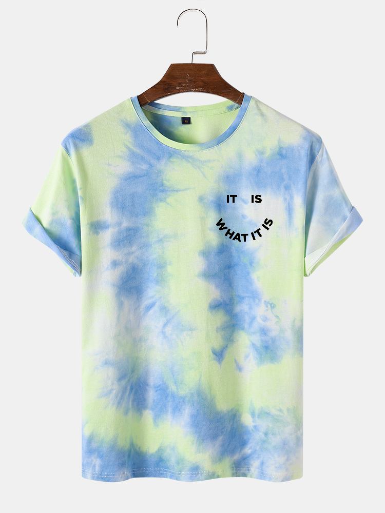 Mænds Smil Letter Print Tie Dye Crew Neck Street T-shirts