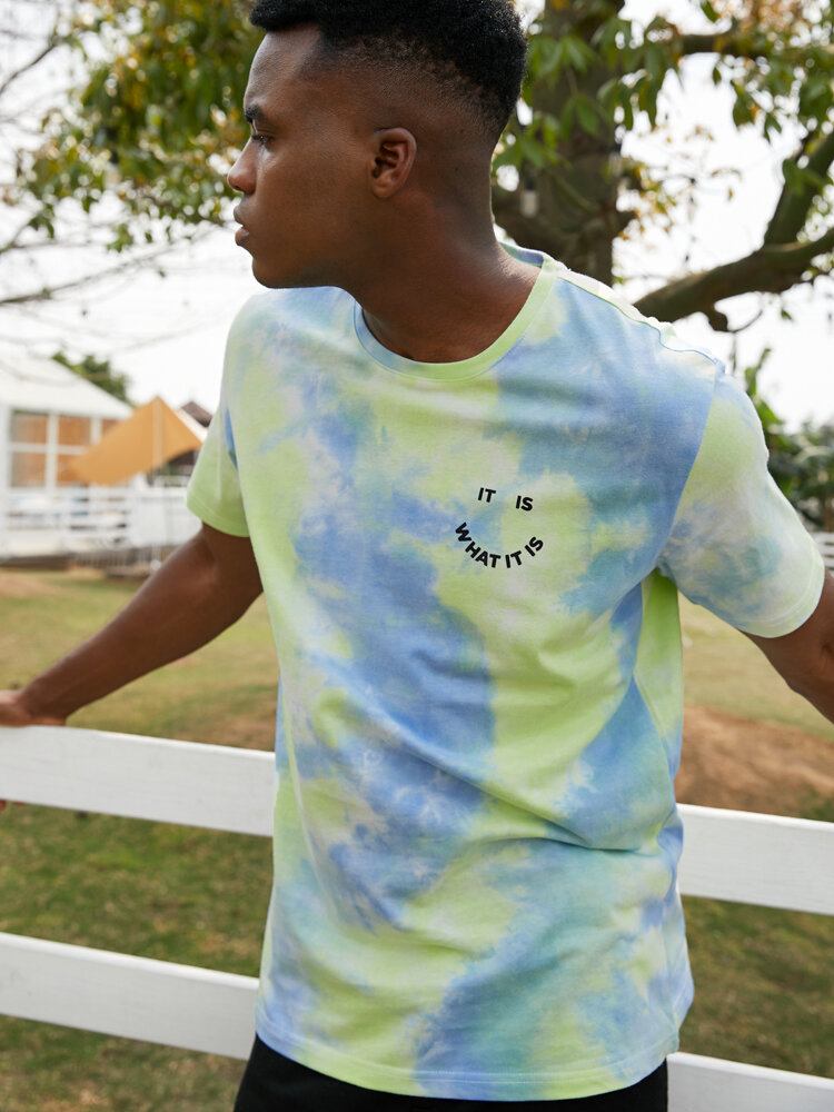 Mænds Smil Letter Print Tie Dye Crew Neck Street T-shirts