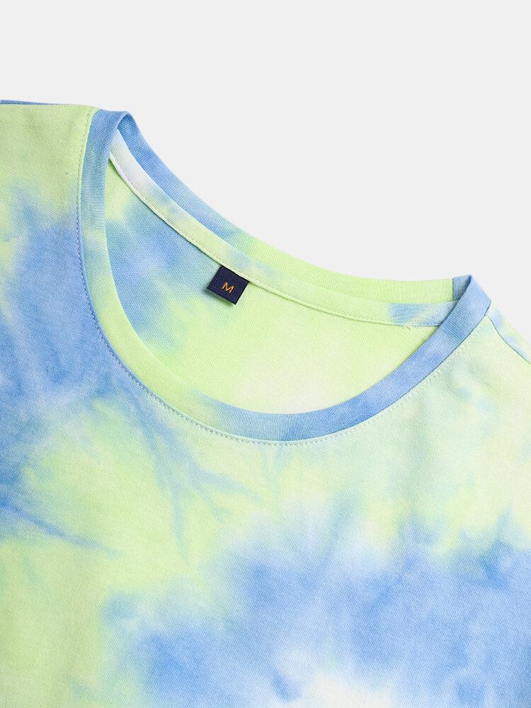 Mænds Smil Letter Print Tie Dye Crew Neck Street T-shirts