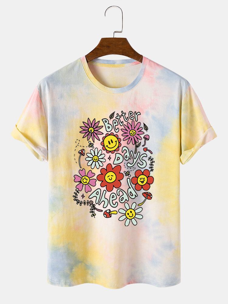 Mænds Smil Tegneserie Blomsterprint Tie Dye Bomuld Kortærmede T-shirts