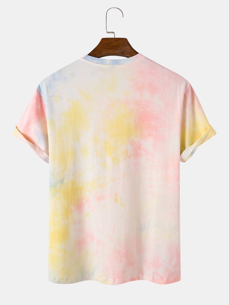 Mænds Smil Tegneserie Blomsterprint Tie Dye Bomuld Kortærmede T-shirts