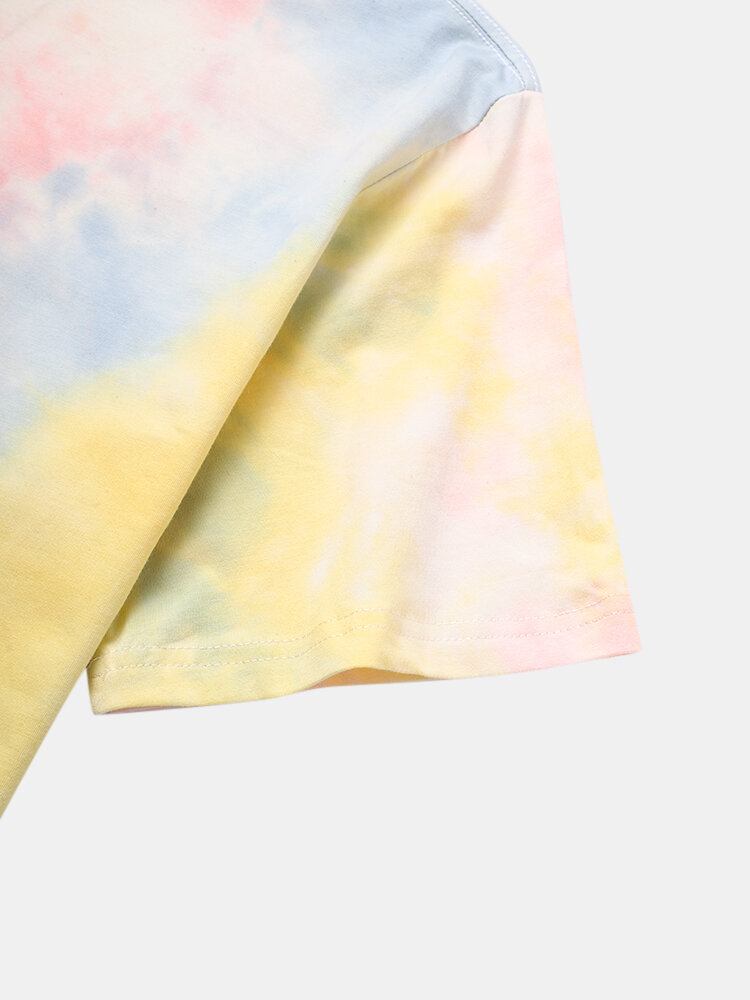 Mænds Smil Tegneserie Blomsterprint Tie Dye Bomuld Kortærmede T-shirts