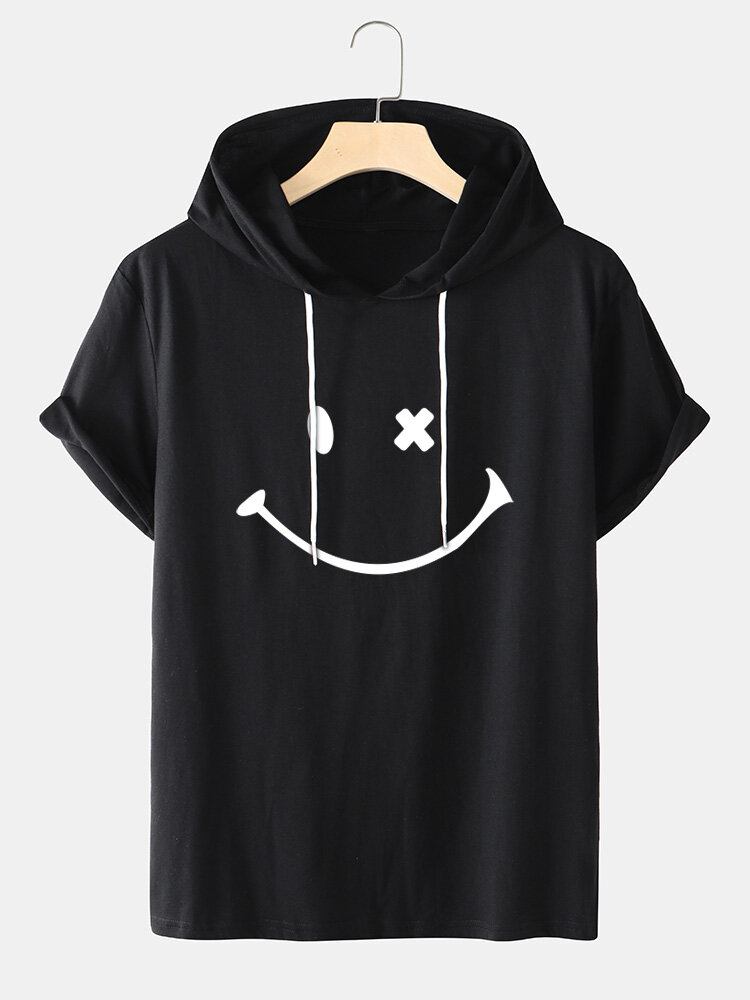 Mænds Smilmønster Kortærmet Preppy T-shirt Med Hætte