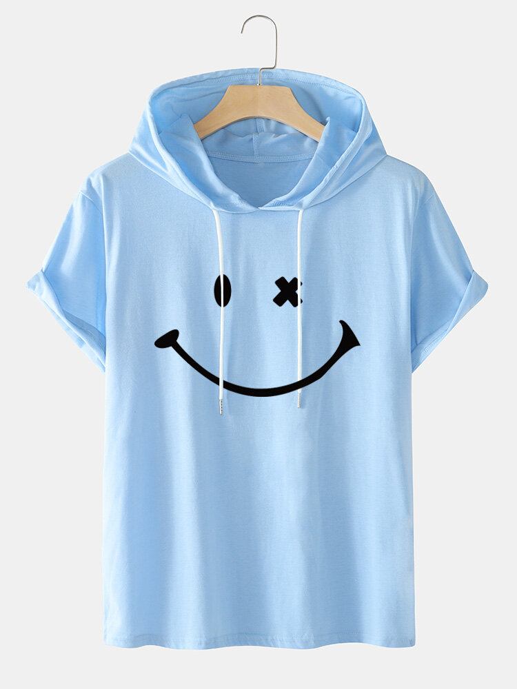 Mænds Smilmønster Kortærmet Preppy T-shirt Med Hætte