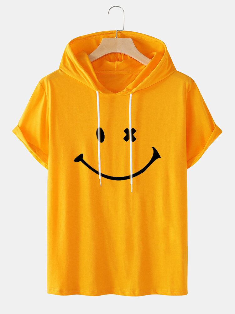 Mænds Smilmønster Kortærmet Preppy T-shirt Med Hætte