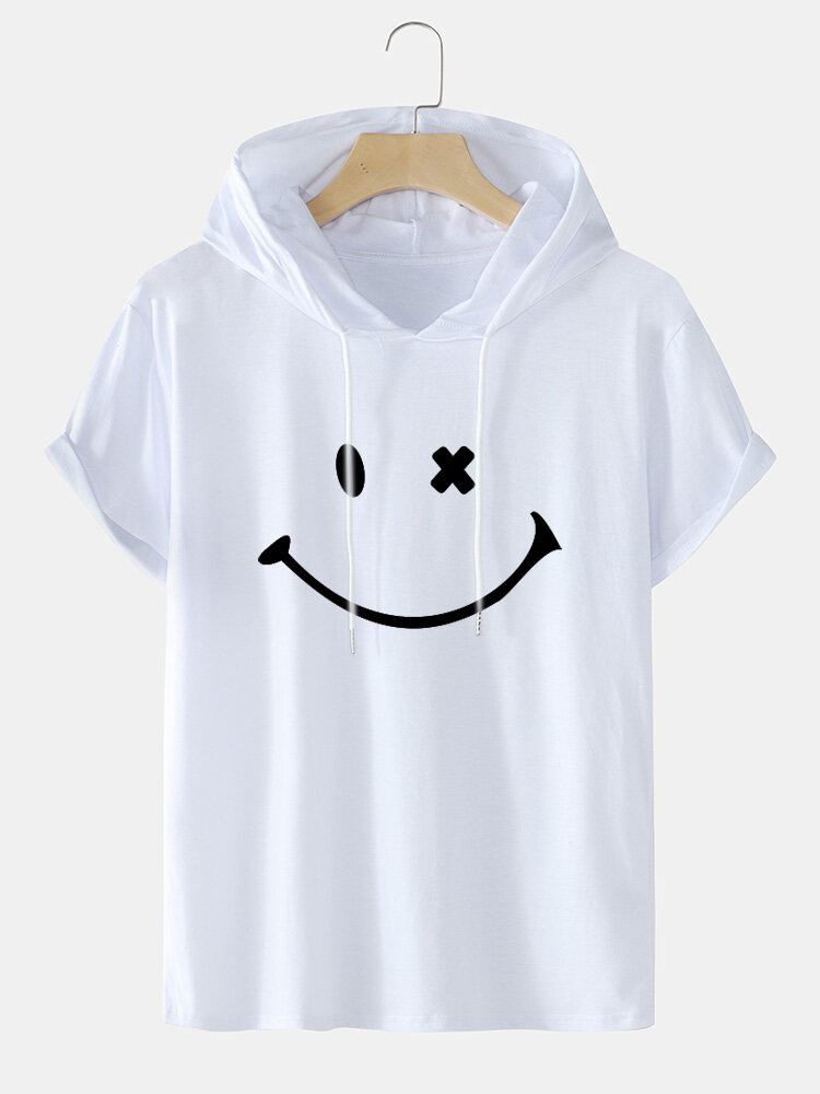 Mænds Smilmønster Kortærmet Preppy T-shirt Med Hætte