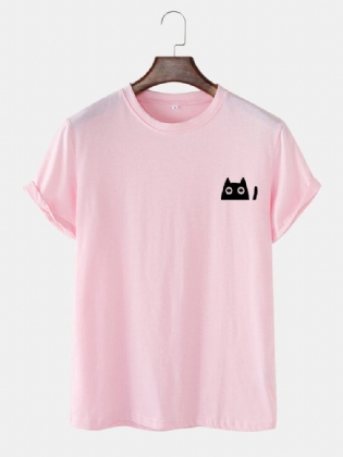 Mænds Sød Kat Ensfarvet Afslappet Kortærmede T-shirts Med O-hals