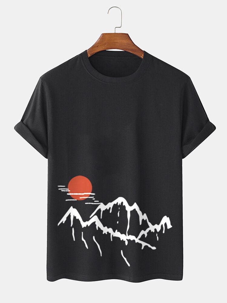 Mænds Ukiyoe Landskabstryk Kortærmede T-shirts I Bomuld