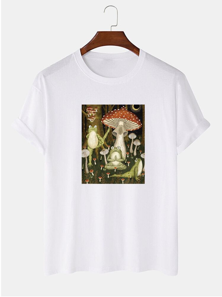 Mushroom Frog Grafisk 100% Bomuld Community Spirit Kortærmede T-shirts