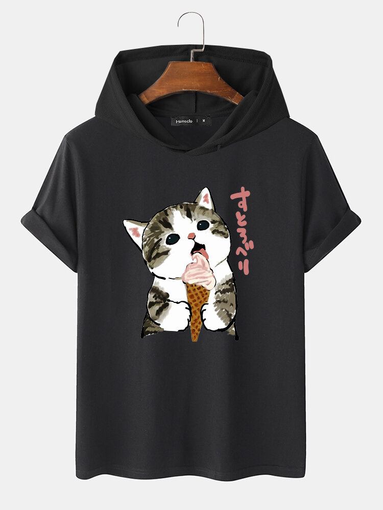 Sød Kat Til Mænd Med Kortærmet Japansk Tryk Med Hætte-t-shirts Med Snoretræk