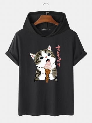 Sød Kat Til Mænd Med Kortærmet Japansk Tryk Med Hætte-t-shirts Med Snoretræk