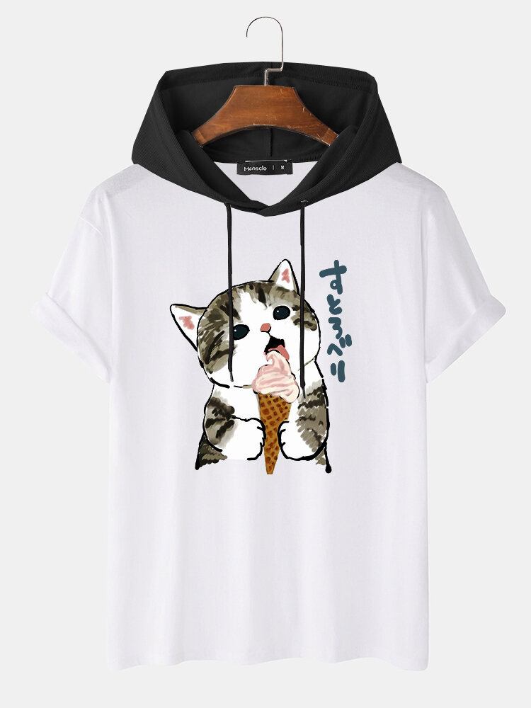 Sød Kat Til Mænd Med Kortærmet Japansk Tryk Med Hætte-t-shirts Med Snoretræk