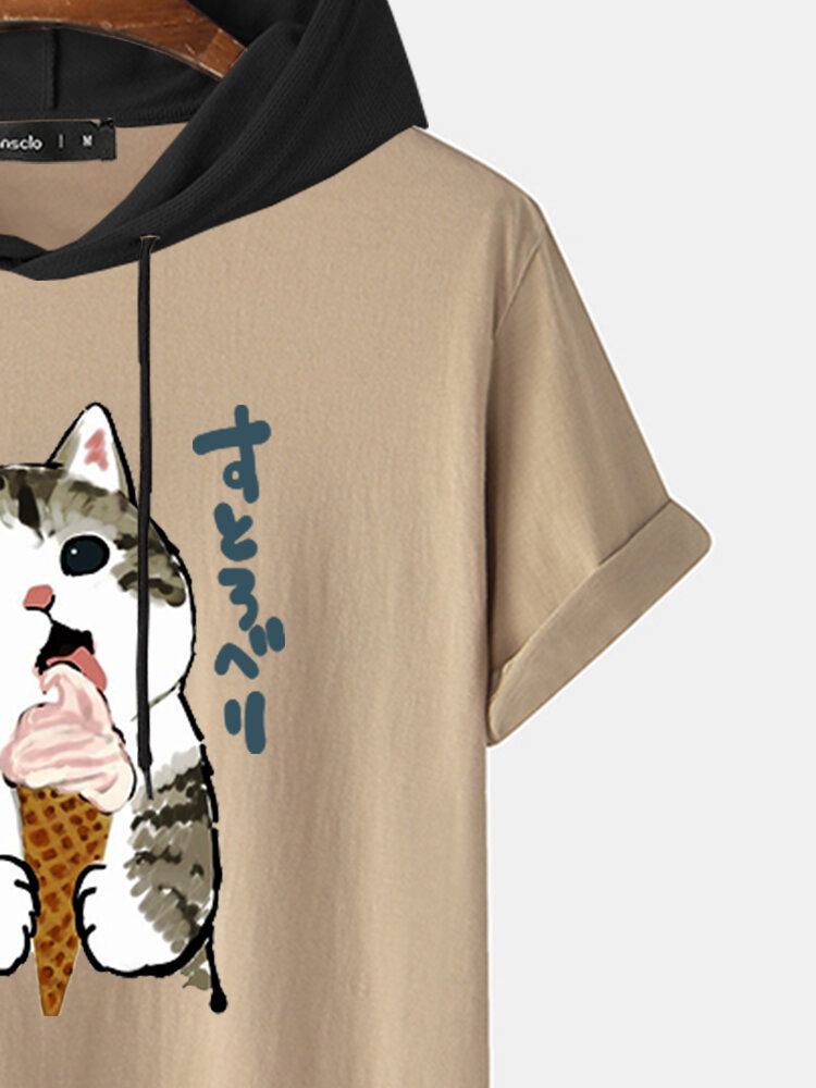 Sød Kat Til Mænd Med Kortærmet Japansk Tryk Med Hætte-t-shirts Med Snoretræk