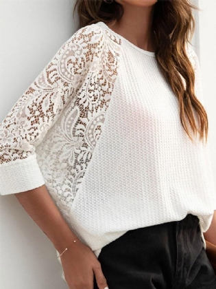 Solid Lace Patchwork T-shirt Med Hul Raglanærmer