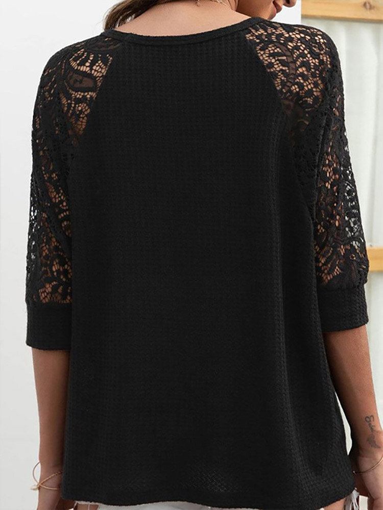 Solid Lace Patchwork T-shirt Med Hul Raglanærmer