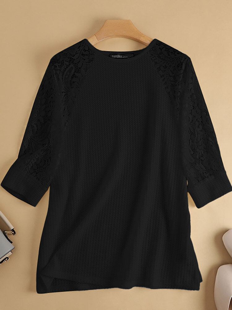 Solid Lace Patchwork T-shirt Med Hul Raglanærmer