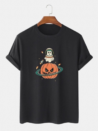 T-shirts Med Korte Ærmer Til Mænd Med Halloween Græskartryk I 100% Bomuld