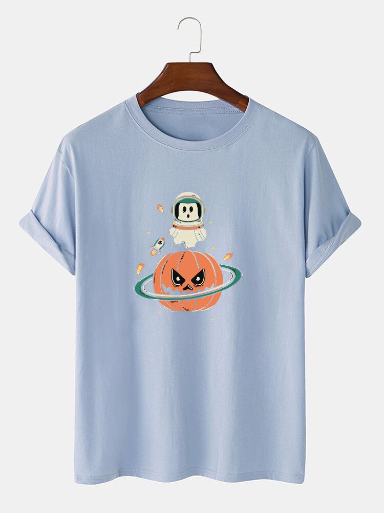 T-shirts Med Korte Ærmer Til Mænd Med Halloween Græskartryk I 100% Bomuld