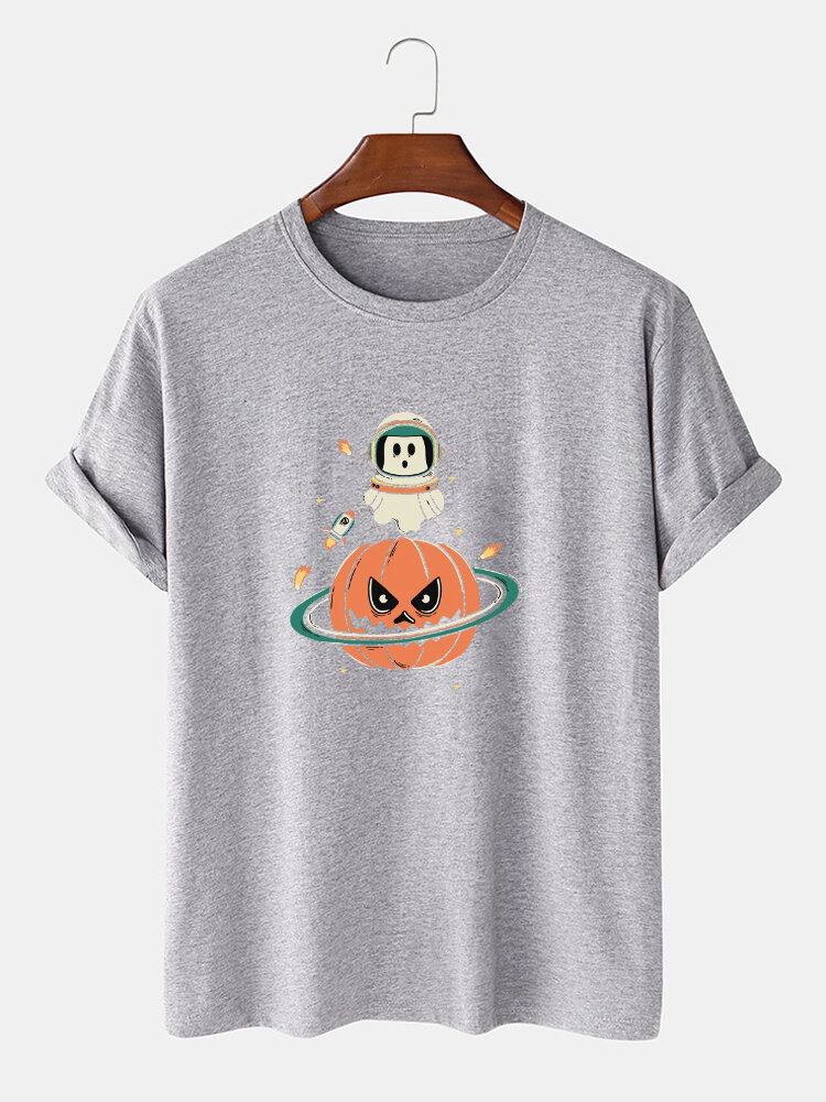 T-shirts Med Korte Ærmer Til Mænd Med Halloween Græskartryk I 100% Bomuld