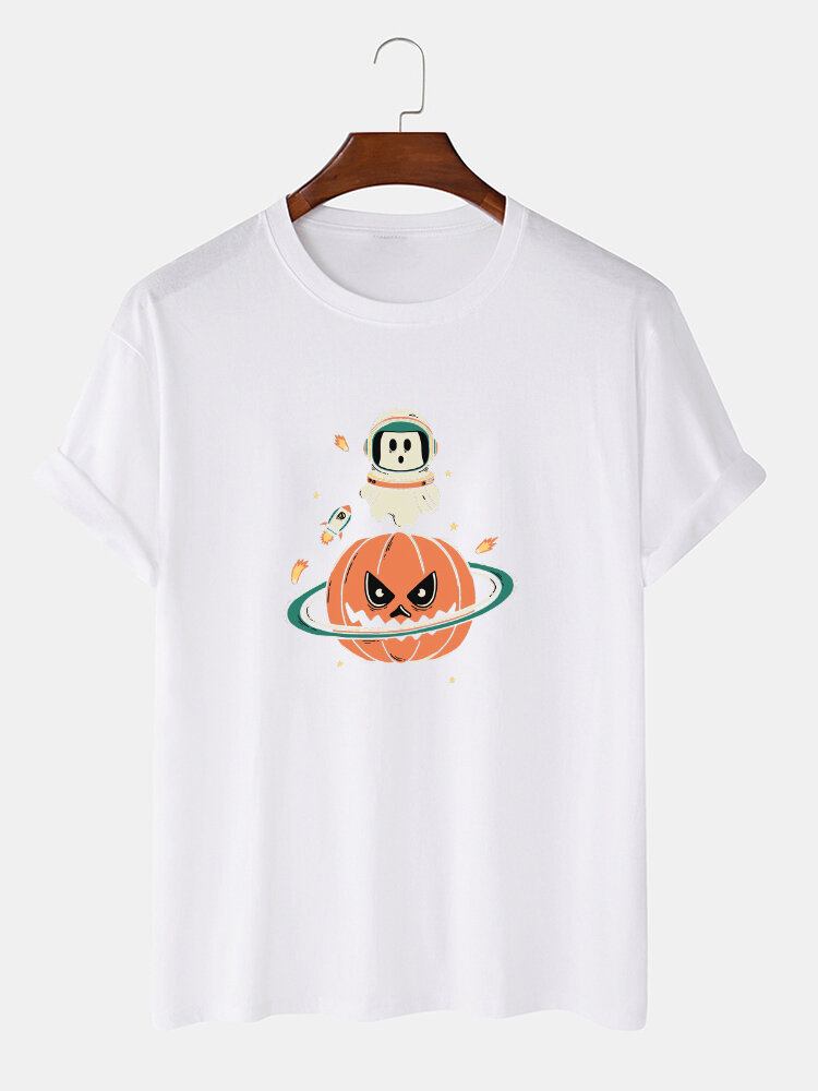 T-shirts Med Korte Ærmer Til Mænd Med Halloween Græskartryk I 100% Bomuld