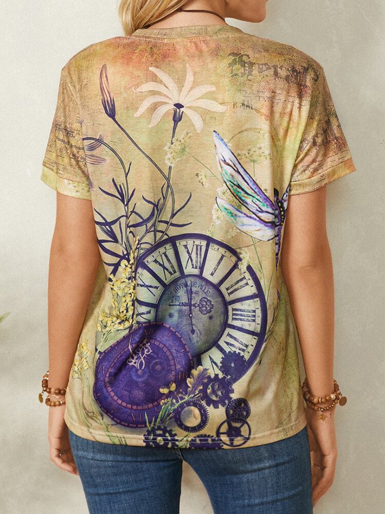 Ur Dragonfly Print Kortærmet O-hals Casual Vintage T-shirt Til Kvinder