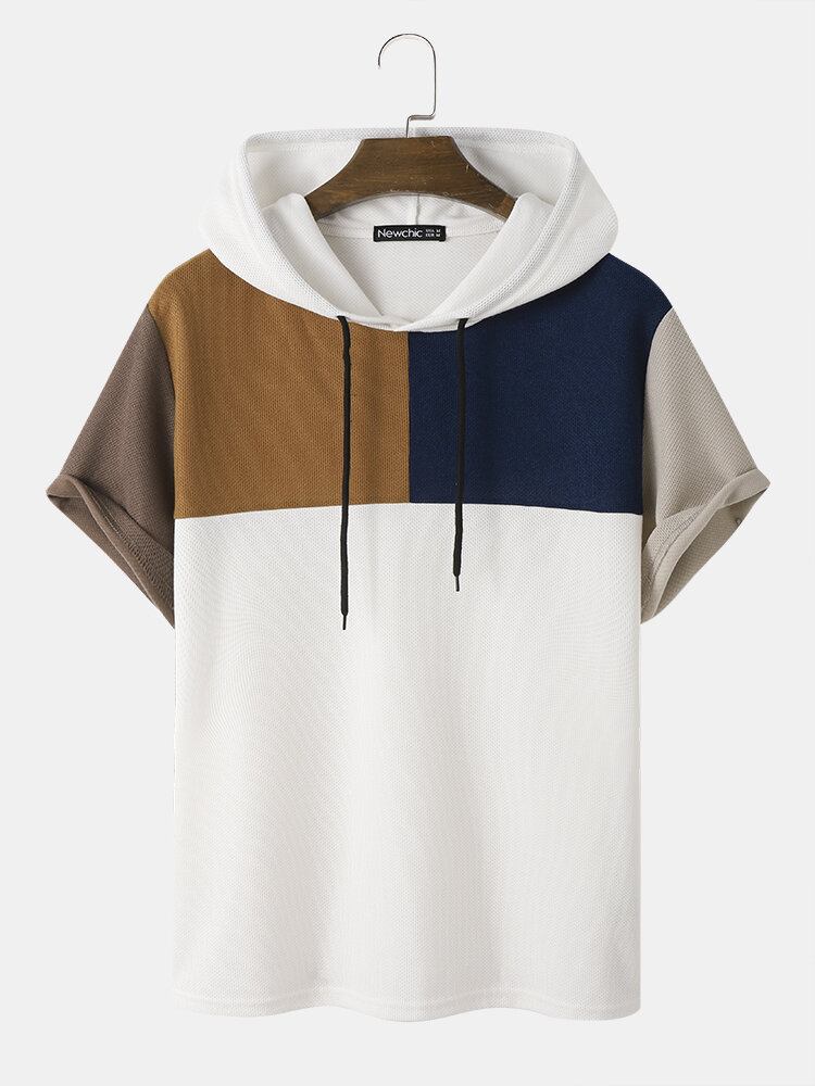 Vaffelstrik Til Mænd I Farveblok Hætte Patchwork Casual T-shirts