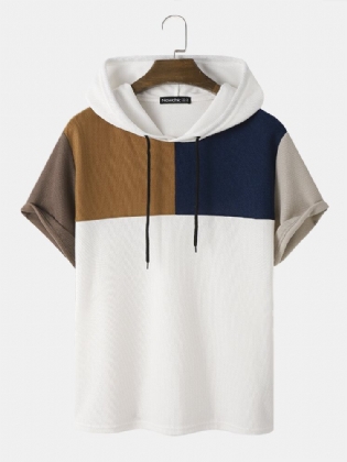 Vaffelstrik Til Mænd I Farveblok Hætte Patchwork Casual T-shirts