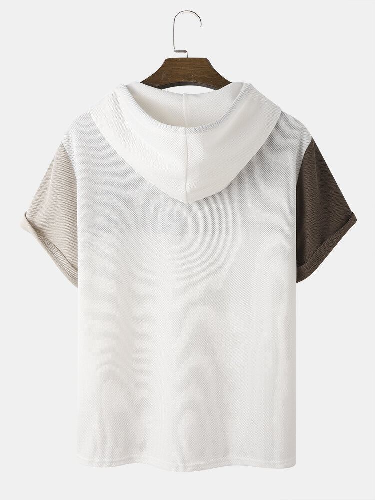 Vaffelstrik Til Mænd I Farveblok Hætte Patchwork Casual T-shirts