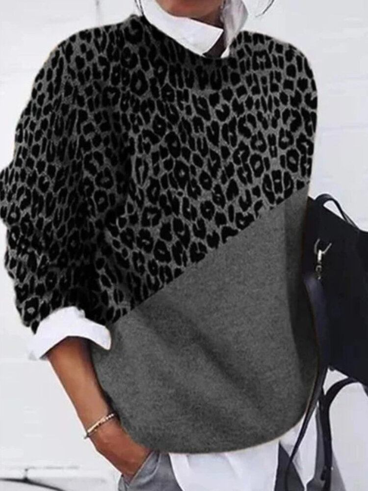 Dame Leopardprint Patchwork Rundhals Langærmet Pullover Casual Sweatere