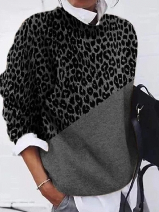 Dame Leopardprint Patchwork Rundhals Langærmet Pullover Casual Sweatere