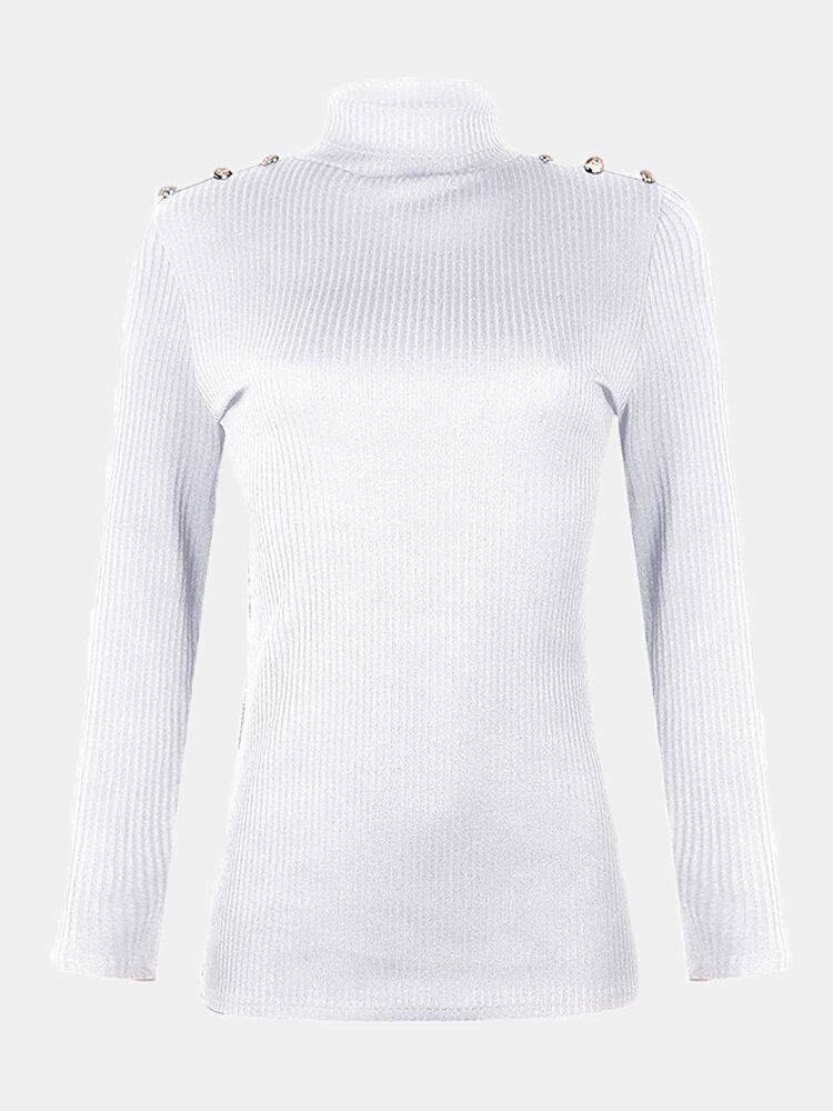 Dame Rullekrave Ensfarvet Knap Langærmet Basic Sweater