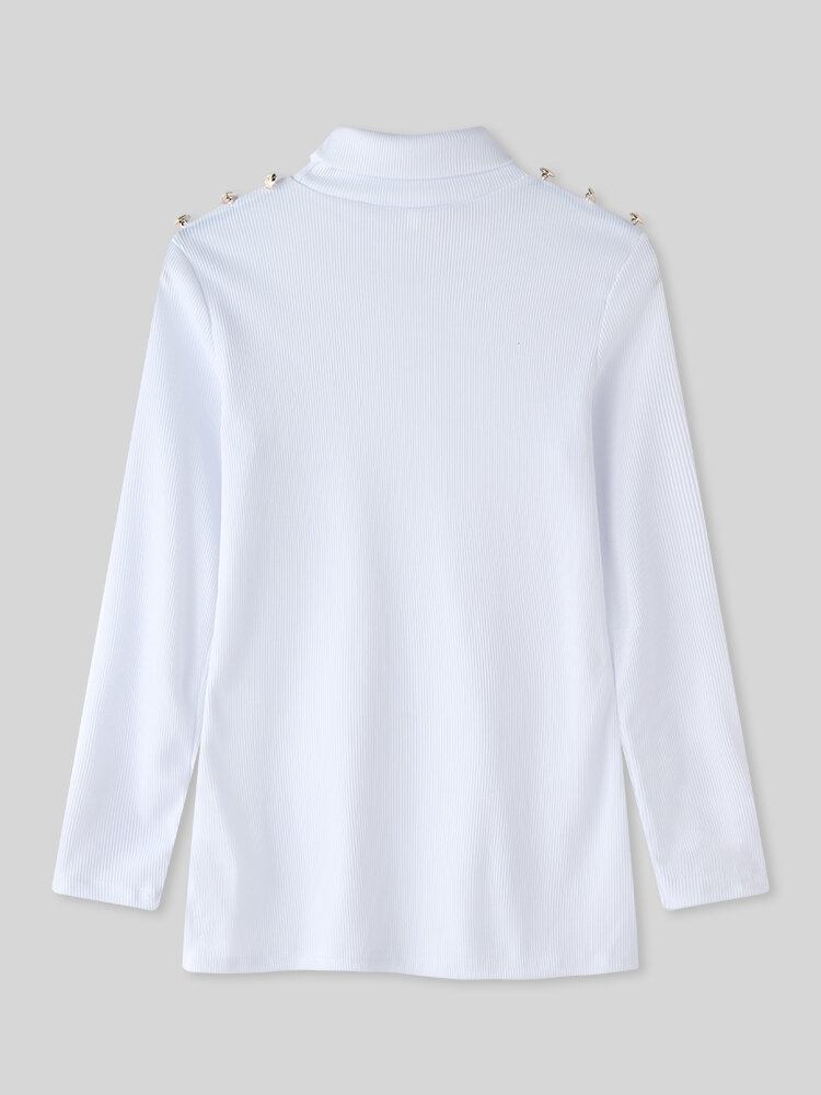 Dame Rullekrave Ensfarvet Knap Langærmet Basic Sweater