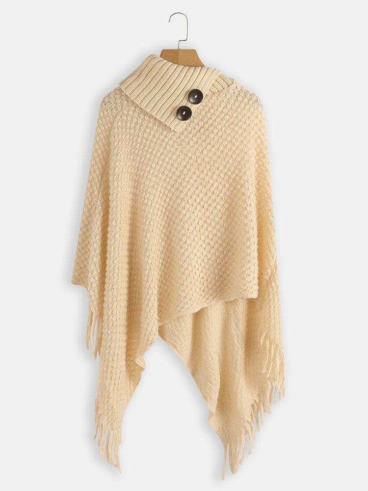 Dame Solid Button Uregelmæssig Hem Shawl Tassel Sweaters