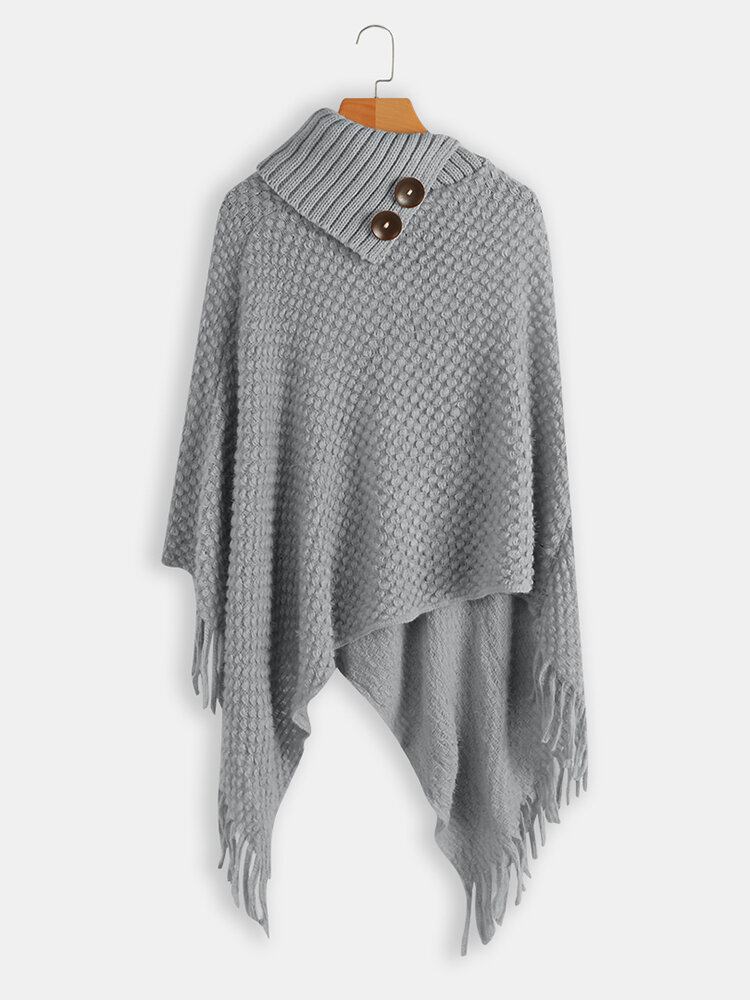 Dame Solid Button Uregelmæssig Hem Shawl Tassel Sweaters