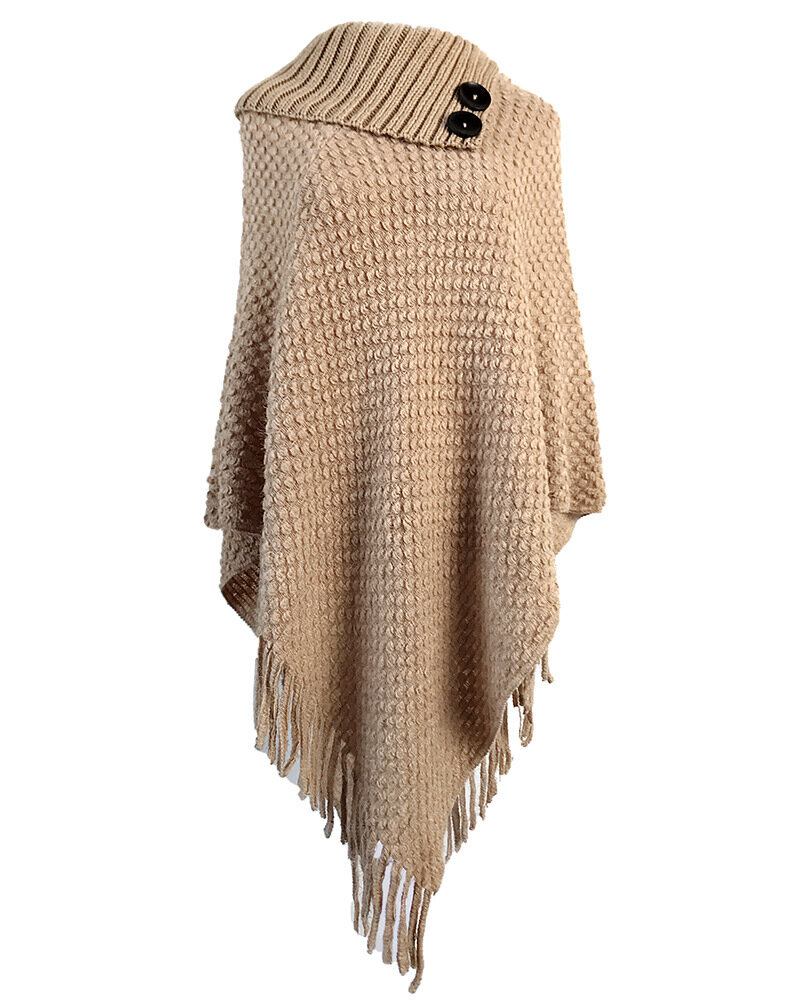 Dame Solid Button Uregelmæssig Hem Shawl Tassel Sweaters